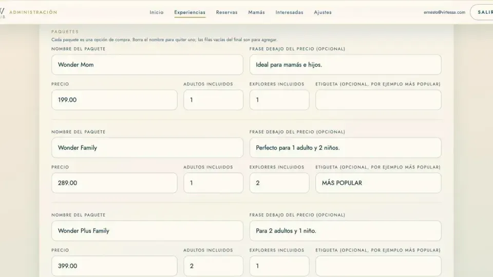 One form defines an experience and its packages